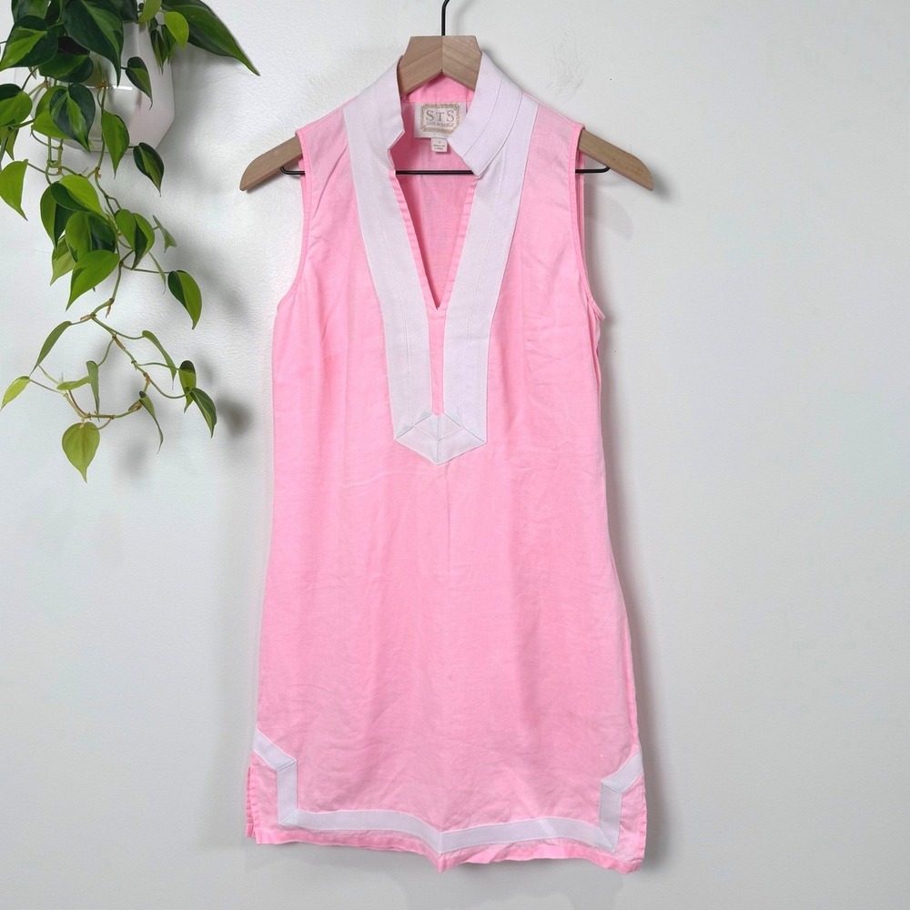 Sail to Sable 100% Linen Sleeveless Shift Dress Pink White S Coastal Preppy